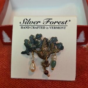 Silver Forest Nature-Inspired Bird and Leaf Brooch